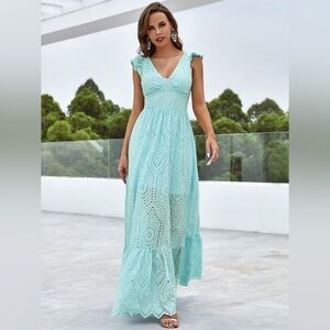 Elegant Aqua Eyelet Maxi Dress